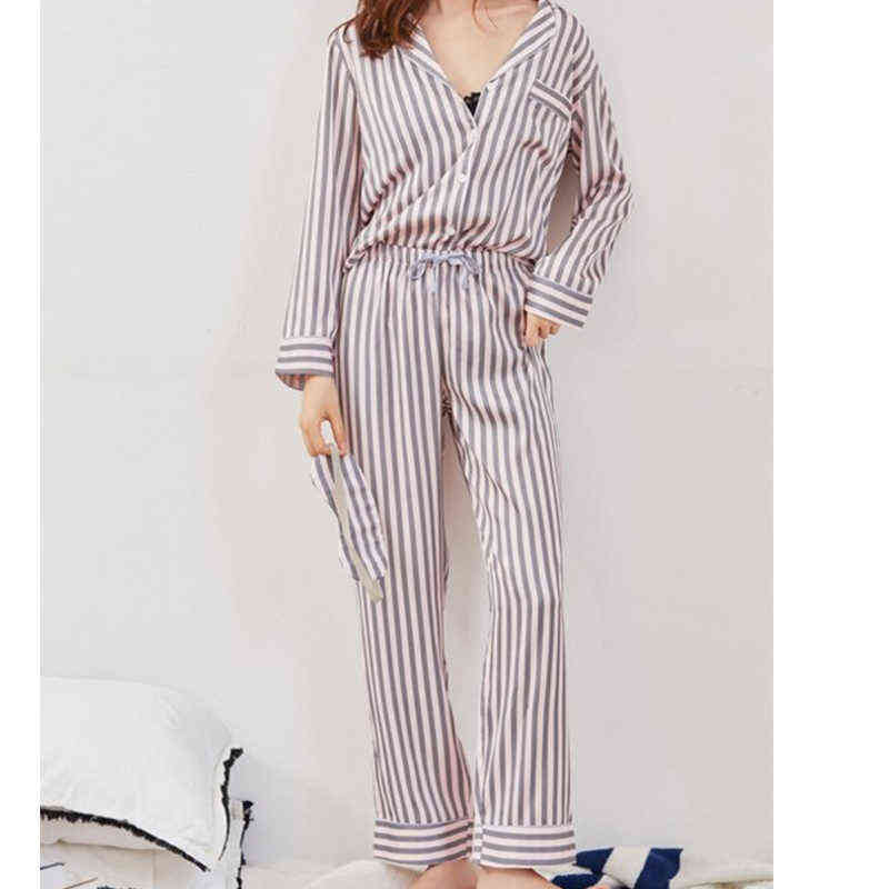Summer Spring Pajamas for Women Satin Silk Sleepwear Two Piece Set Long Sleeved Striped Pjs Lounge Wear Night Suits Home Clothes 211109