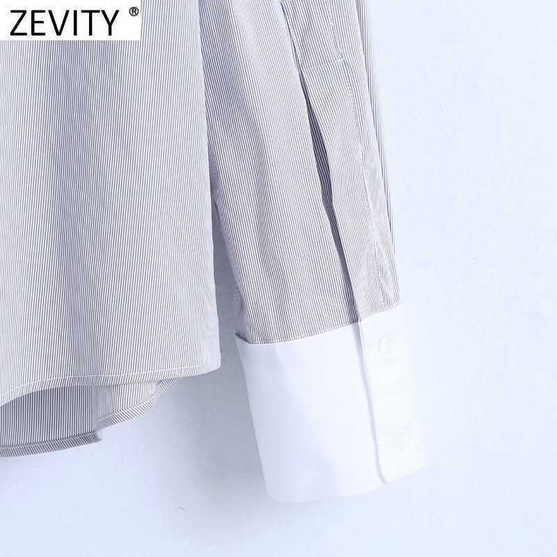 Zevity Women Sweet Bow Tied Ruffles Deocraion Stripe Shirts Office Ladies Patchwork Casual Roupas Chic Femininas Tops LS7389 210603
