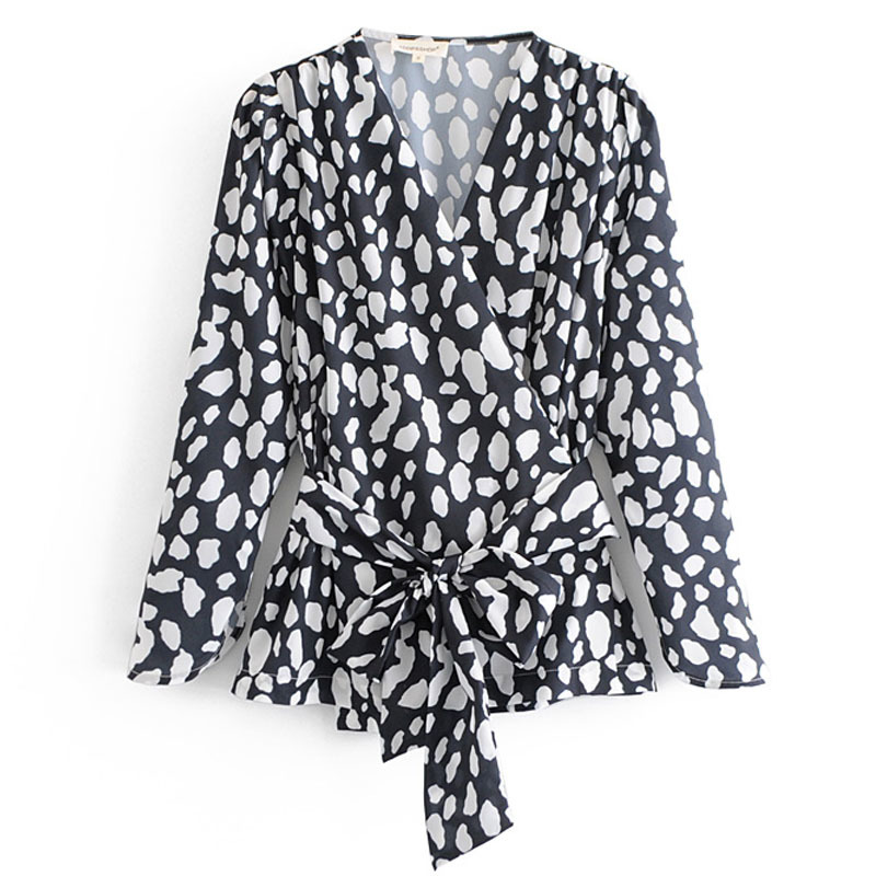 Long-sleeved V-neck belt sp ring fashion women's top women's wrap shirt Elegant cross straps slim printed versatile top 210507