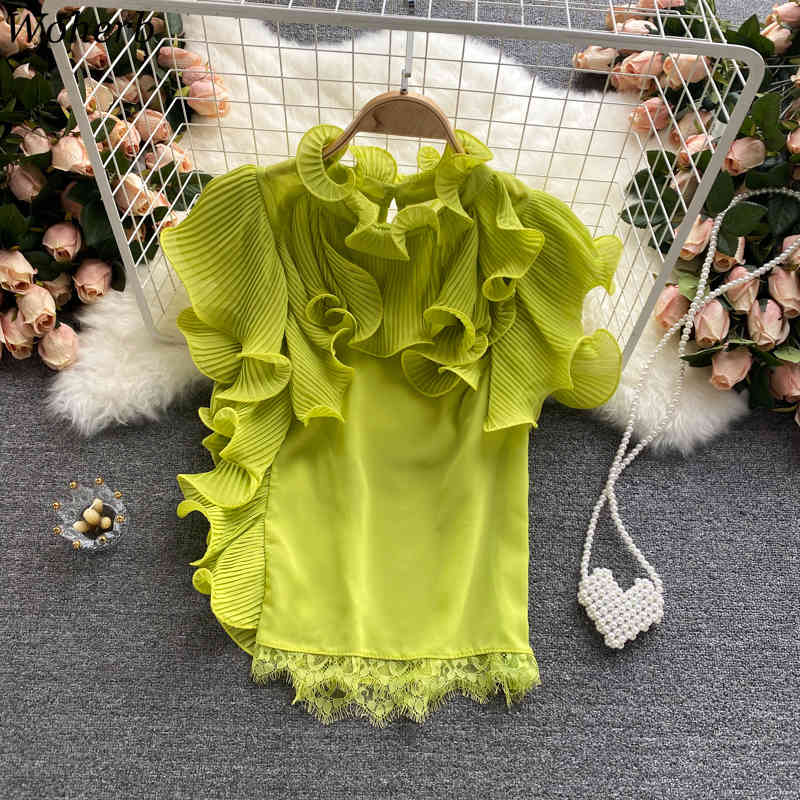 Summer Ruffle Pleated Blouse Women Casual Stand Collar Shirt Chic Elegant Solid Color Top Fashion Blusas 210519