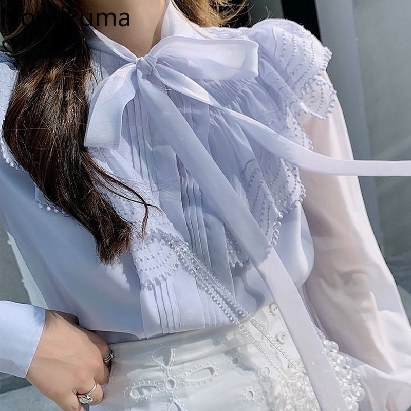 Nomikuma Women Blouse Korean Ruffle Patchwork Shirts Causal Bow Tie Stand Neck Elegant Tops Spring New Blusas Mujer 6F605 210427