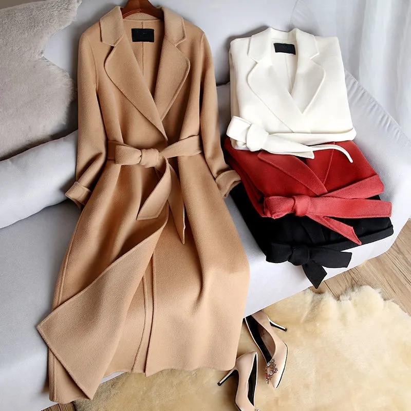 Women's Double-Sided Cashmere Wool Coat Long Sleeve Loose Elegant Winter Jacket With Belt Khaki B4