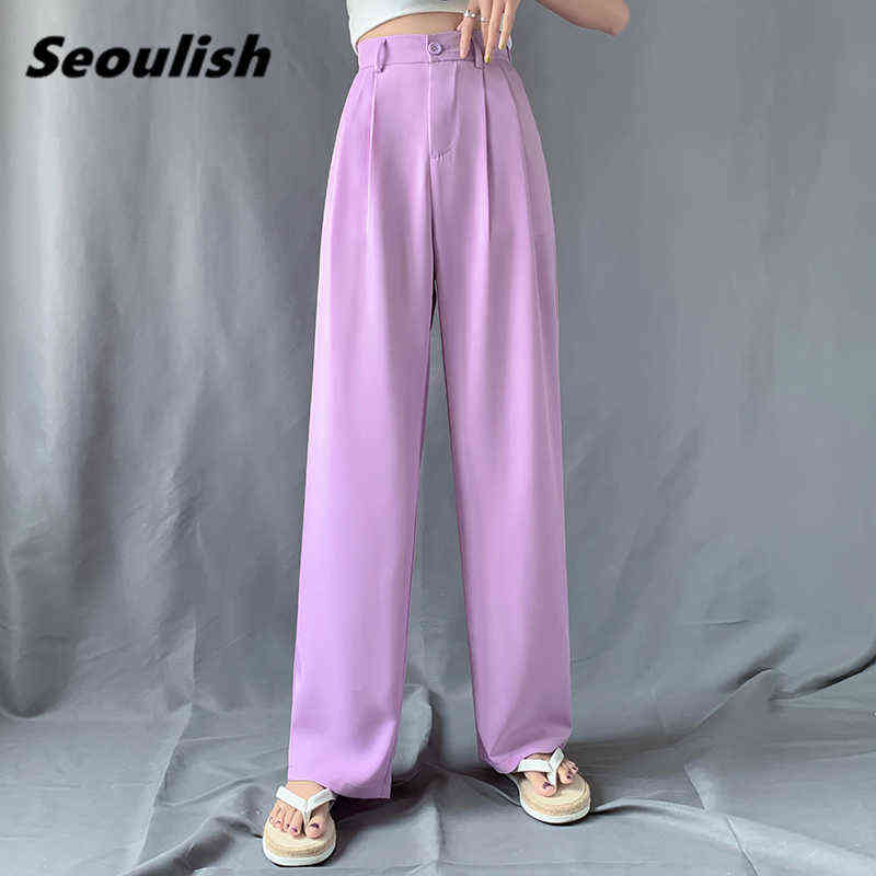 Seoulish Summer Autumn Ice Silk Women Wide Leg Pants High Waist Elegant Long Work Casual Loose Trousers Female 211115
