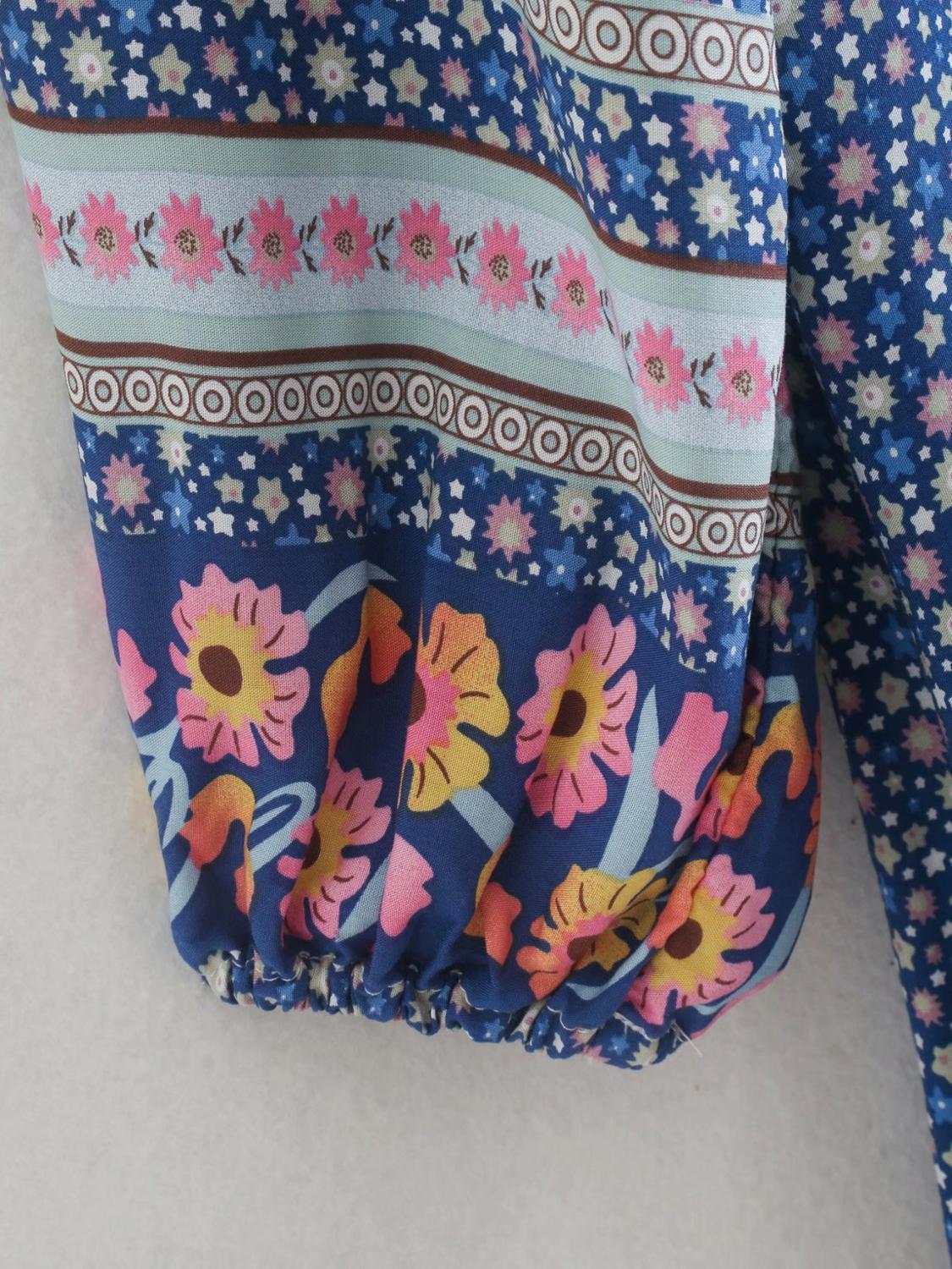 Bohemia Lacing up V neck Blue flower Print Long Dress Ethnic Woman Tassel Strappy Sleeve Holiday Dresses Beach 210429