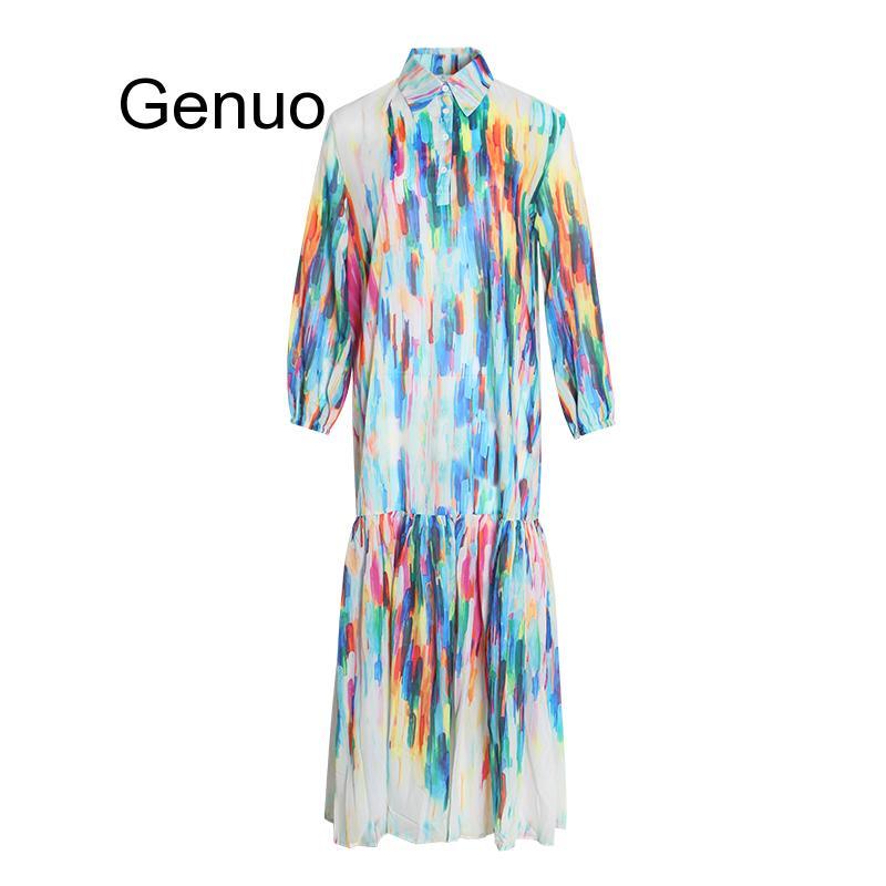 Summer Colorful Women Dress Lapel Lantern Sleeve Button Loose Ankle Length Dresses Female Fashion 2021 Tide Casual