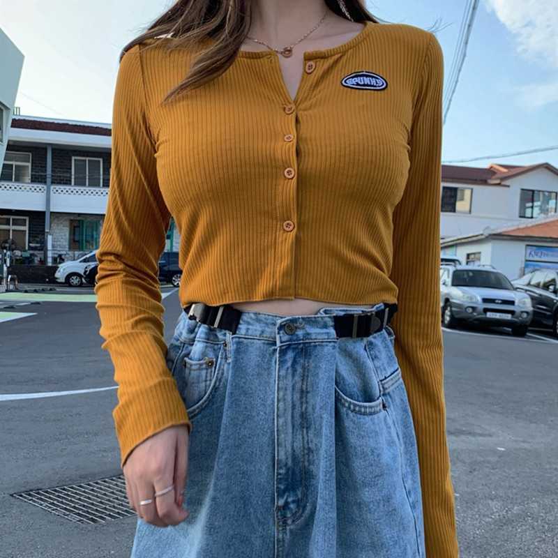 Yedinas Summer Autumn Korean Style O-neck Short Knitted Sweaters Women Thin Cardigan Fashion Sexy Long Sleeve Button Up Crop Top 210527