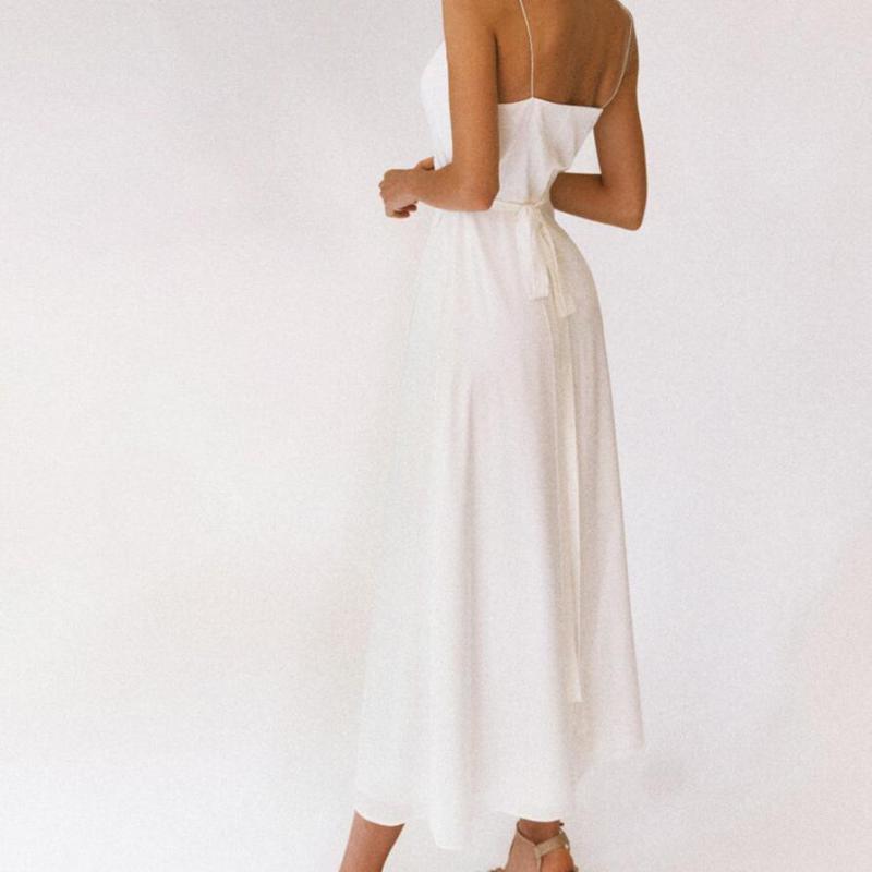 Women Dress V-neck Sleeveless Spaghetti Strap White Dresses Plus Size Sexy Split Long Party 210524