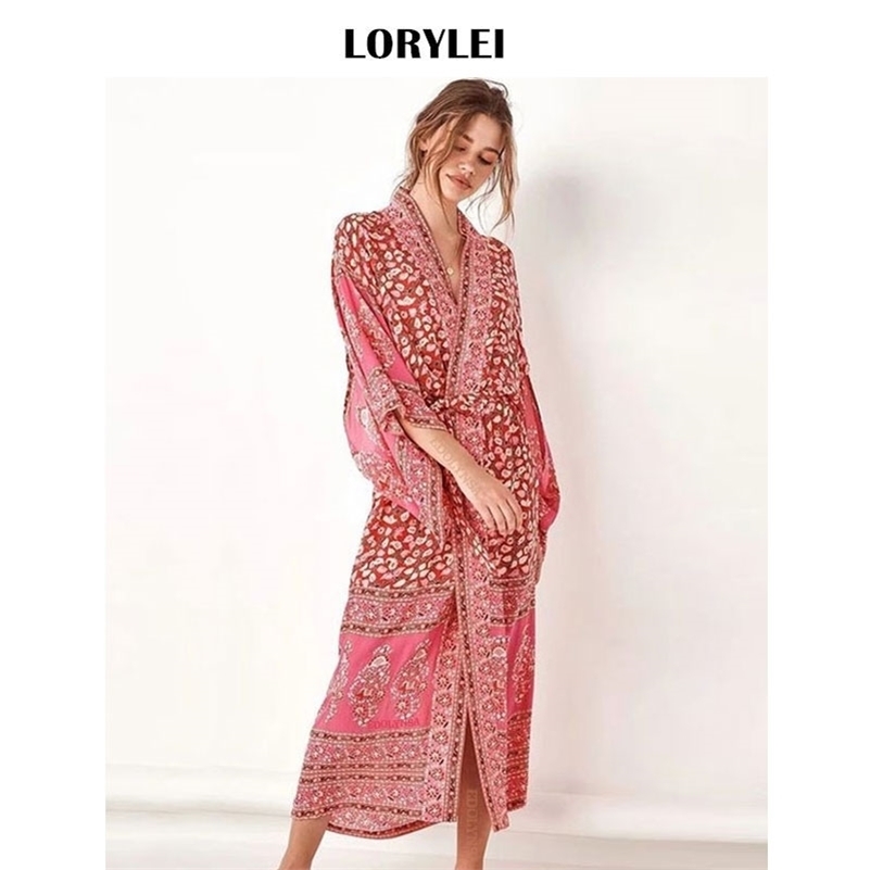 Bohemian Tropical Printed Reddish Orange Ankle Length Beach Wear Kimono Dress Fashion Women Swimwear Chiffon Tunic pareos Q590 210323