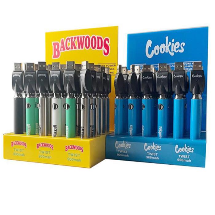 Backwood cookies Laws Imini batteries Twist Cigarette Battery Display box 900mAh 30pcs each pack Bottom variable Preheat VV Vape Pen Usb Charger
Backwood cookies Laws Imini batteries Twist Cigarette Battery Display box 900mAh 30pcs each pack Bottom variable Preheat VV Vape Pen Usb Charger