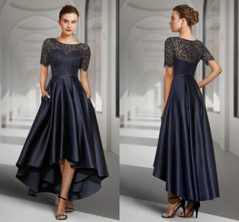 Dark Navy High Low Cocktail Party Prom Dress Jewel Neck Asymmetrical Lace Satin Short Sleeve Formal Gown 2022 Robe De Soiree Vestidos