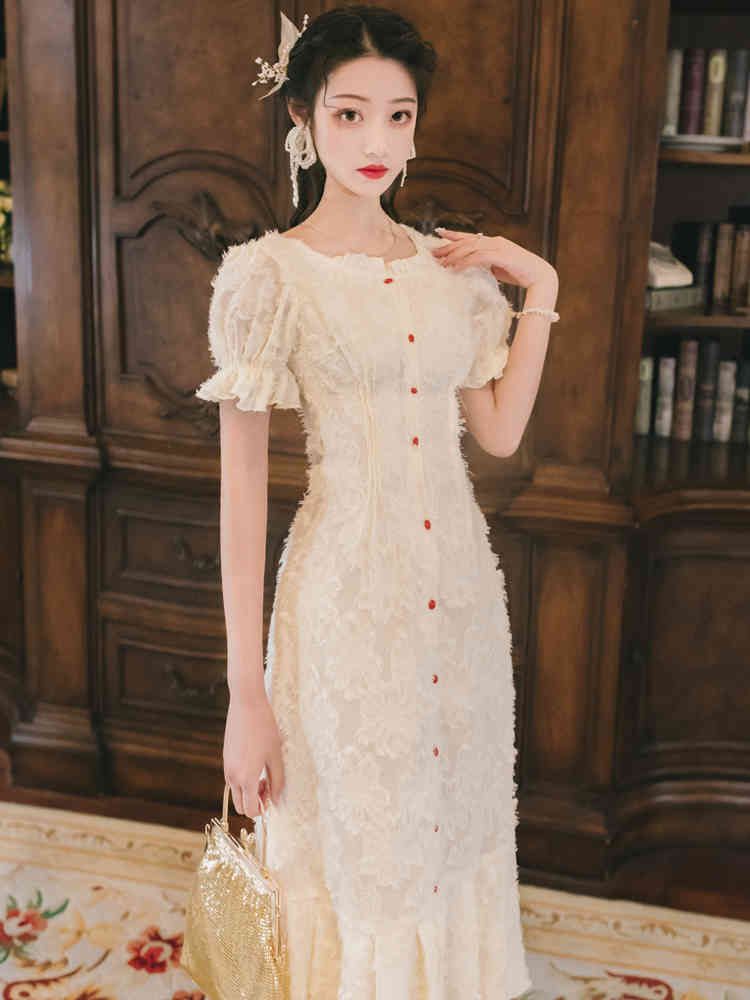 Korean Fashion Summer Mermaid Dress Single Breasted Dresses Butterfly Sleeve High Waist Vintage Women Holiday 210506