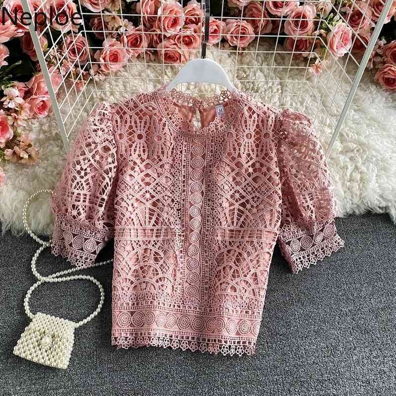 Neploe Blusas Mujer De Moda Vintage Puff Sleeve Blouses Hollow Out Crochet Floral Crop Tops Korean Summer Elegant Shirts 210422