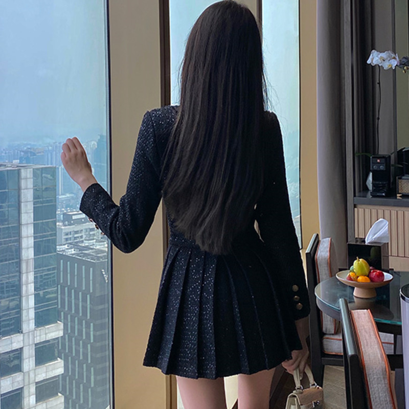 [DEAT] V-neck Ball Gown Undefined Woman Dress Double Breasted Solid Above Knee Mini UnfiNew Fashion Tide Spring GX070 210428