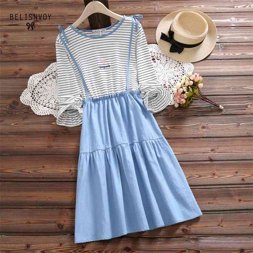 Mori Girl Spring Autumn Women Cotton Linen Dress Striped Patchwork Sweet Mujer Vestidos Fake Two Pieces Female 210520, Blue
Mori Girl Spring Autumn Women Cotton Linen Dress Striped Patchwork Sweet Mujer Vestidos Fake Two Pieces Female 210520, Blue
