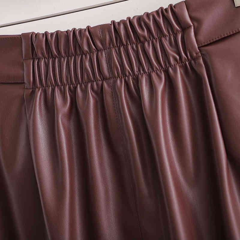 Vinatge Woman Burgundy Leather Thick Stretchy Skirts Autumn Winter Fashion Ladies Pu Straight Skirt Female Button 210515