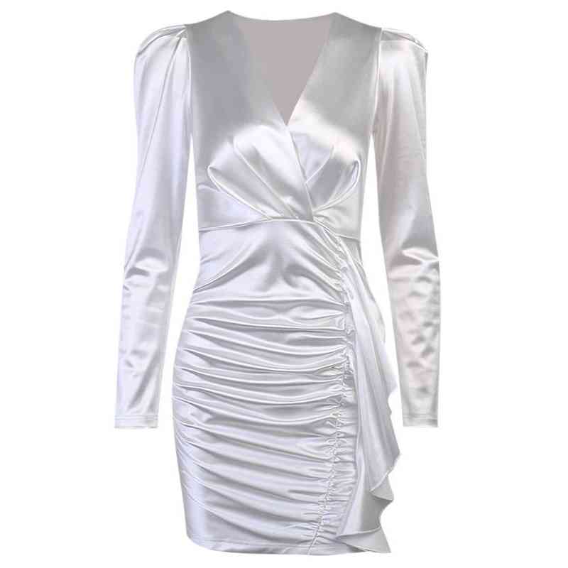 Spring Full Sleeve V Neck Women Mini Dress Elegant Bandage Solid Color Elasticity silk Sexy es Empire Party 210521