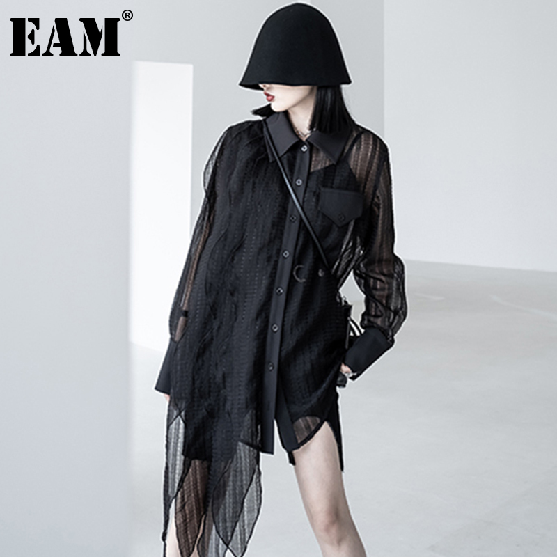 [EAM] Women Black Big Size Irregular Mesh Blouse Lapel Long Sleeve Loose Fit Shirt Fashion Spring Summer 1DD7554 210512