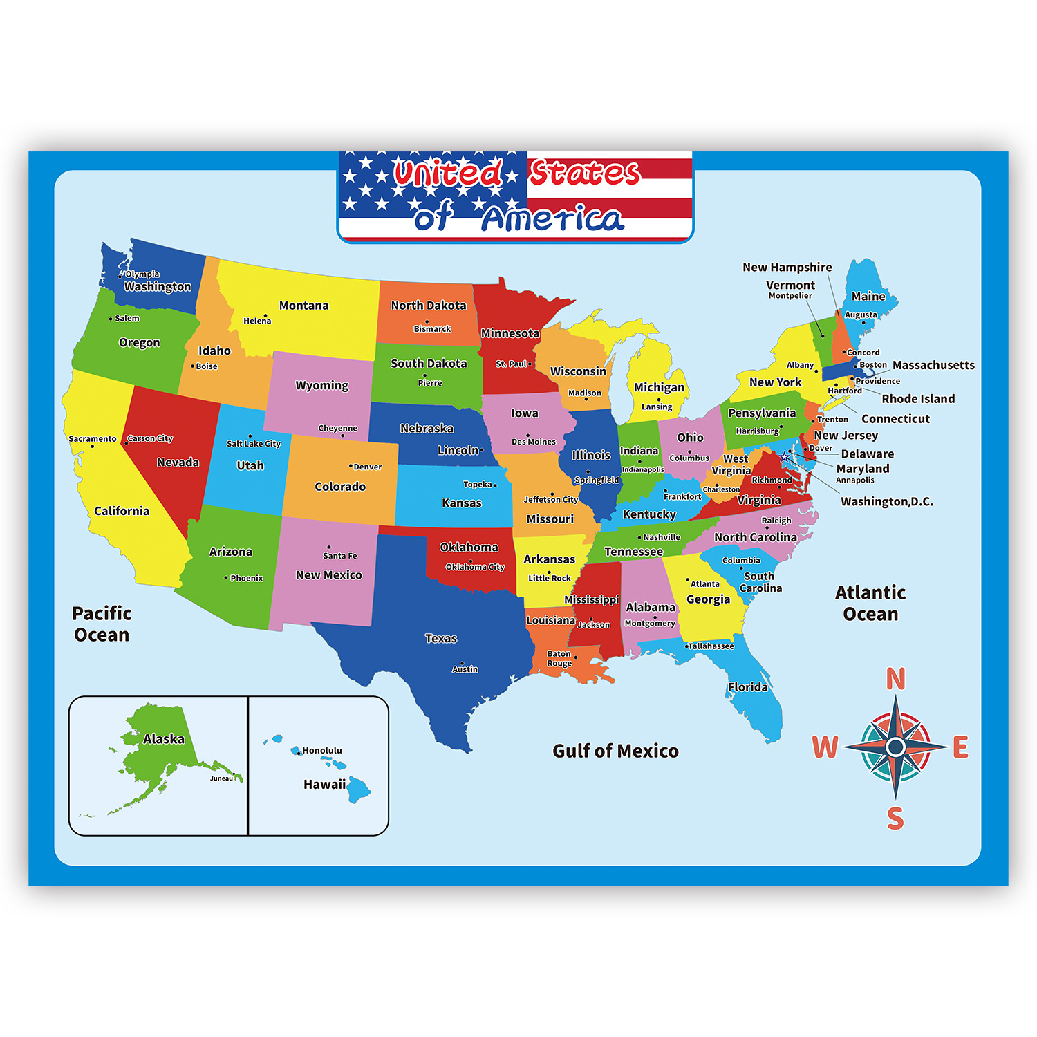 Map Of The United States Of America Kids Geography Learning Education Poster Classic USA Map Wall Classroom Kindergarten Poster Décor