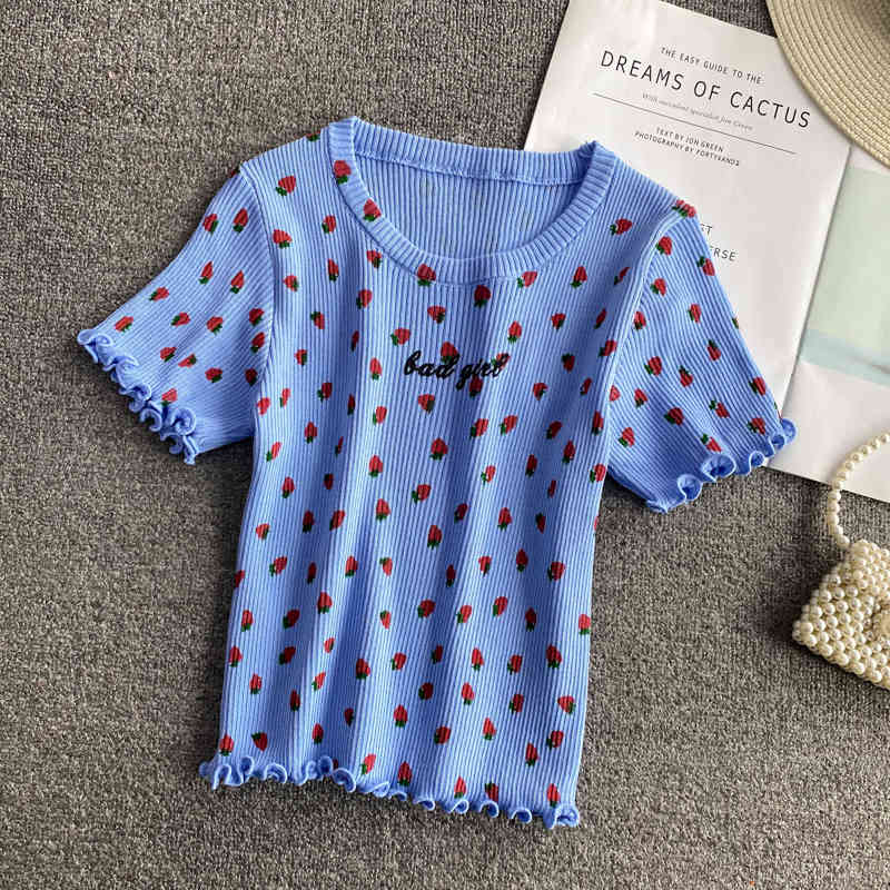 Sweet Retro Girls O Neck Short Sleeve Strawberry Print Tshirt Women High Waist Crop Tops Summer Wild Skinny Knitted Tees Chic 210429