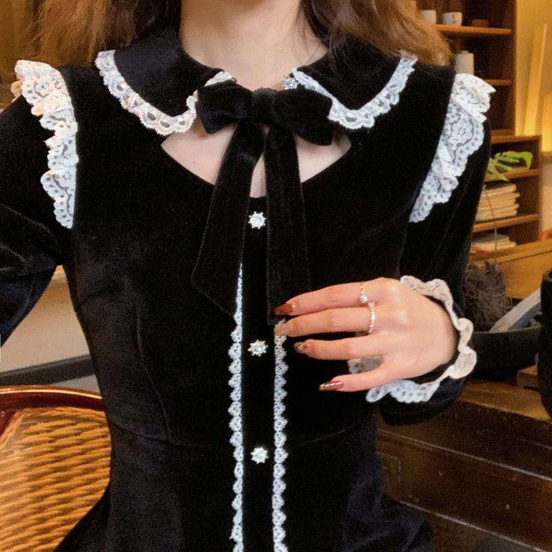 French Vintage Mini Dress Women Fashion Evening Party Black Dress Female Long Sleeve Lace Bow Dress Korean Spring 210521