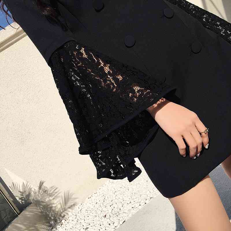 DEAT spring and summer fashion women clothes notched collar flare sleeves lace patchwork high waist double breasted 210428