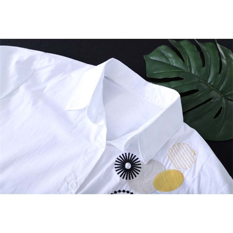New Women White Shirt 100% cotton Casual Wear Button Up Turn Down Collar Long Sleeve Blouse Embroidery Feminina F106 210317