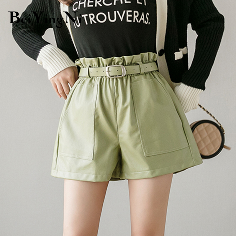 High Waist Shorts Women Vintage Loose PU Leather Female Pockets Belt Streetwear Fashion Korean Chic Short Pants 210506