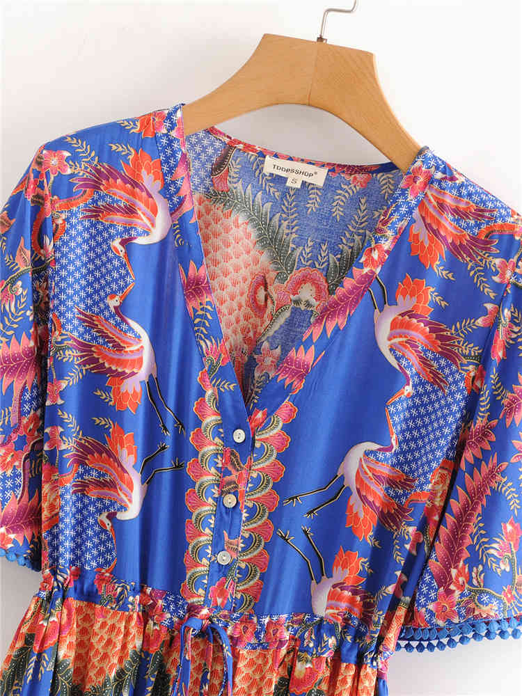 beauty Fashion Boho Vintage Print Maxi Dress Women Holiday Chic V-neck Single-breasted Summer Long Dresses Female 210514