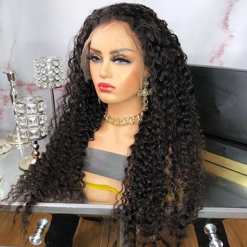 Black color Fiber Hair Synthetic Lace Front Wig Long Kinky Curly Wigs for Women Side Part Loose wave style daily wear
