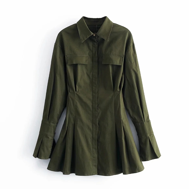 Women Army Green Slim Mini Shirt Dress Female Turndown Collar Long Sleeve Clothes Casual Lady Vestido D7018 210430