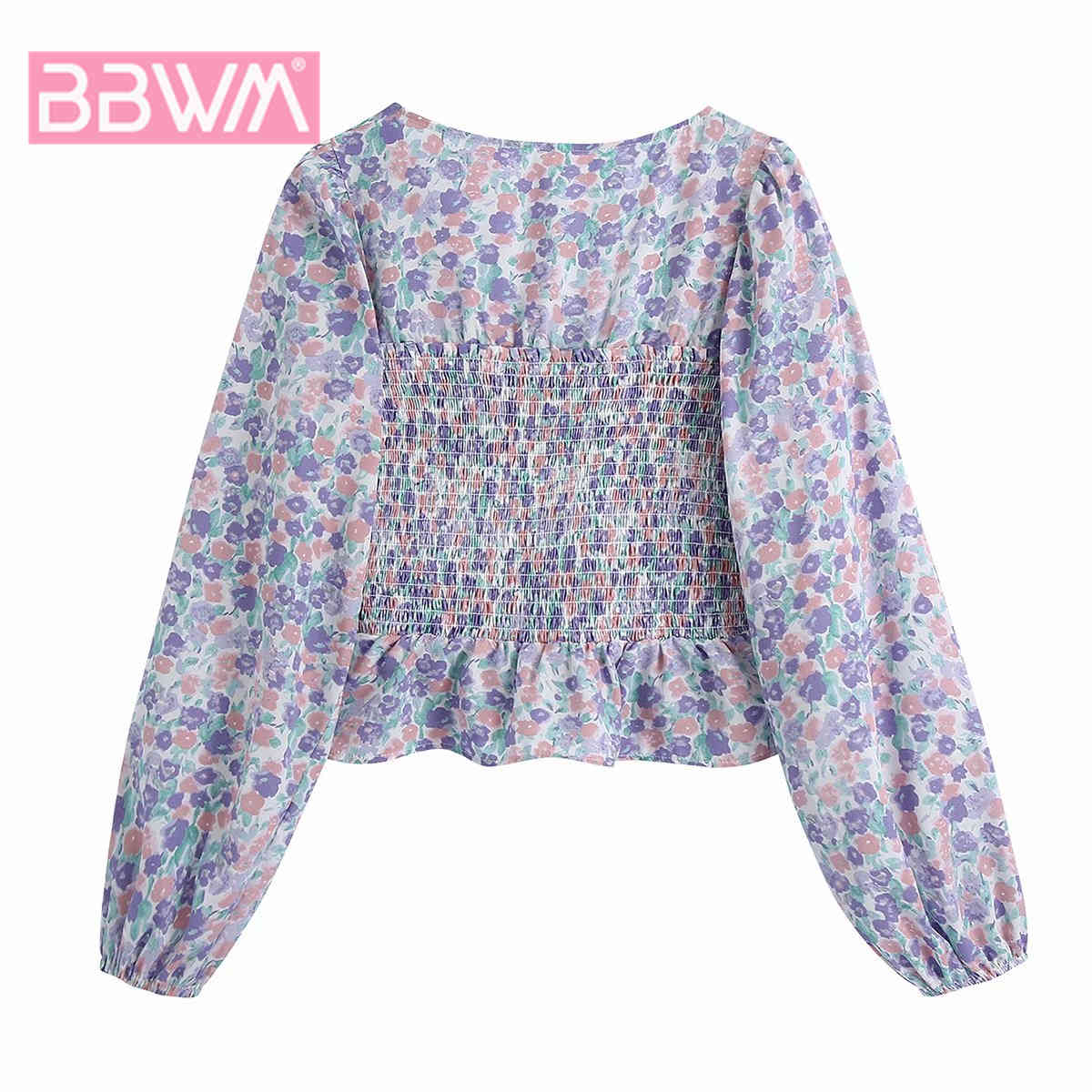 French Fresh Long-sleeved Pullover Elastic Bust Square Collar Printed Female Shirt Sweet Chic Women's Tops 210507