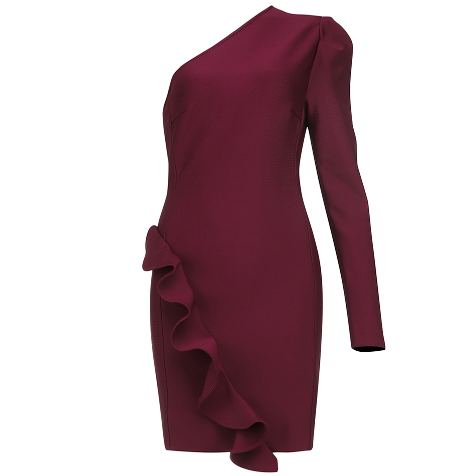 Free Women's Purple Bandage Dress Sexy One Shoulder Long Sleeve Ruffle Bodycon Mini Club Party Vestidos 210524