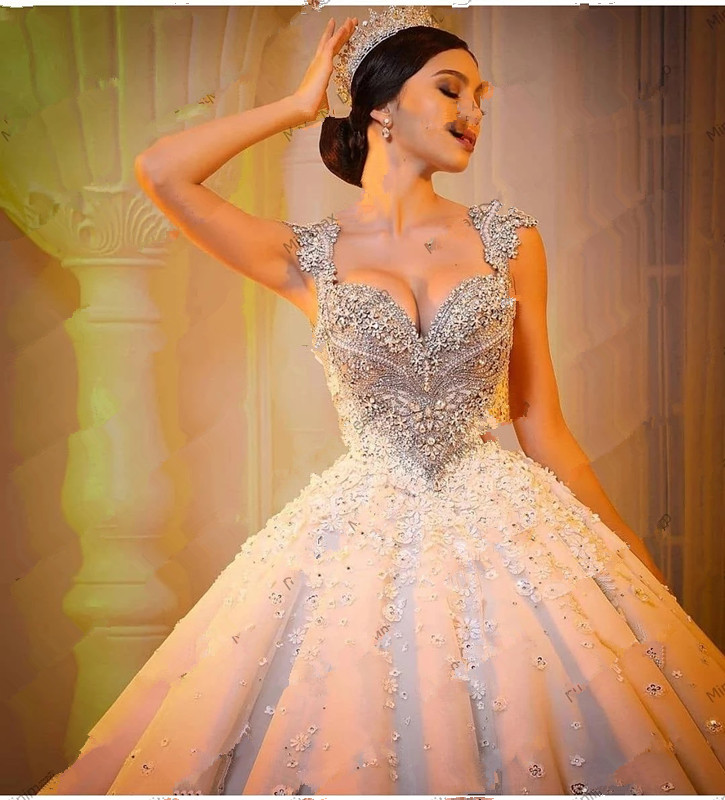 Crystals Beaded Dubai Wedding Gowns Pretty 3D Flowers Pearls Sleeveless Plus Size Sweep Train Saudi Arabia Bridal Dress