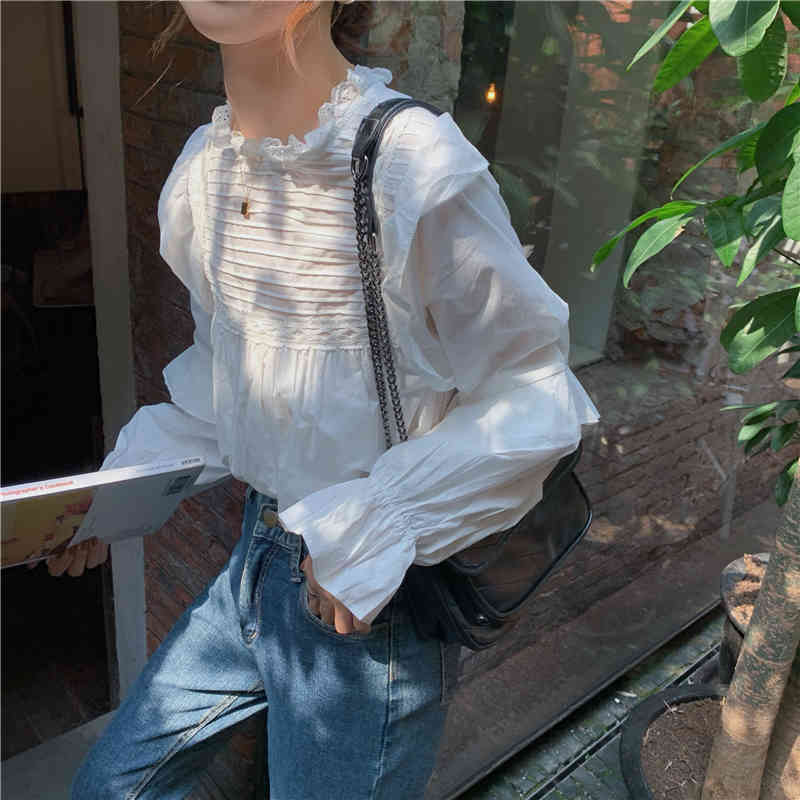 Nomikuma Sweet Ruffle Women Blouse Korean Pleated Flare Long Sleeve Shirt Autumn New Stand Neck Pullover Blusas Mujer 6C752 210427