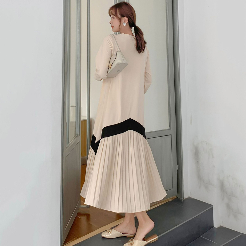 Spring Line Pattern Pleated Round-neck Short Sleeve Korean Style Casual Mid-calf Length Dress For Women 2A3009 210526