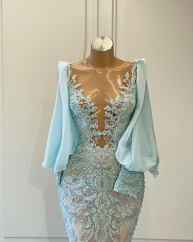 Blue Sexy Light Prom Dresses Jewel Neck Illusion Mermaid Long Sleeves Lace Appliques Crystal Beaded Pearls Satin Formal Party Dress Evening Gowns