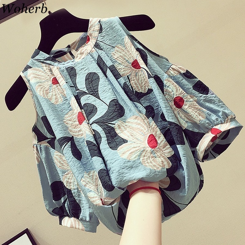 Womens Tops and Blouses Summer Floral Print Blusas Short Sleeve Chiffon Blouse Shirt Off Shoulder Ladies Top 92162 210519