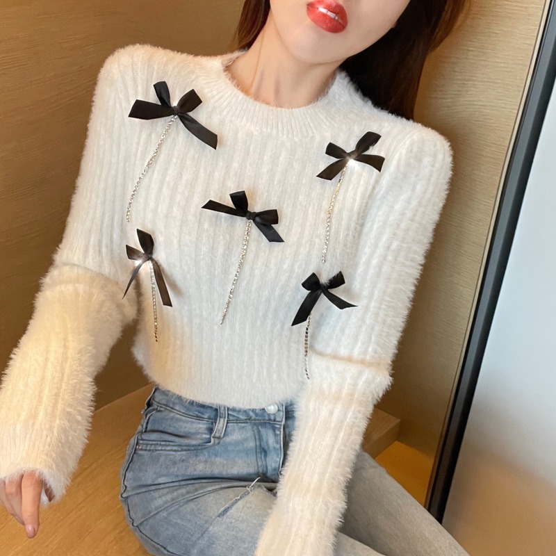 Neploe Sweater Women Casual O-Neck Long Sleeve Knitwear Korean Fashion Temperament Bowknot Sueter Bottoming Knitted Cropped 210422