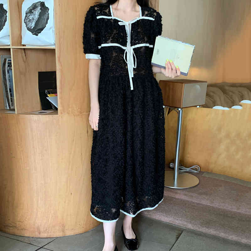 Nomikuma Korean Chic Elegant Woman Dress Rose Jacquard Hit Color Bow Tie Vestidos Femme Puff Sleeve Square Collar Dresses 6H131 210427