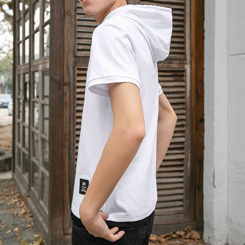 T-shirt with Hood Summer Hooded Short Sleeve Slim Fit Tops Fashion Streetwear T Shirt Male Casual Men's Cotton T-shirt 210518