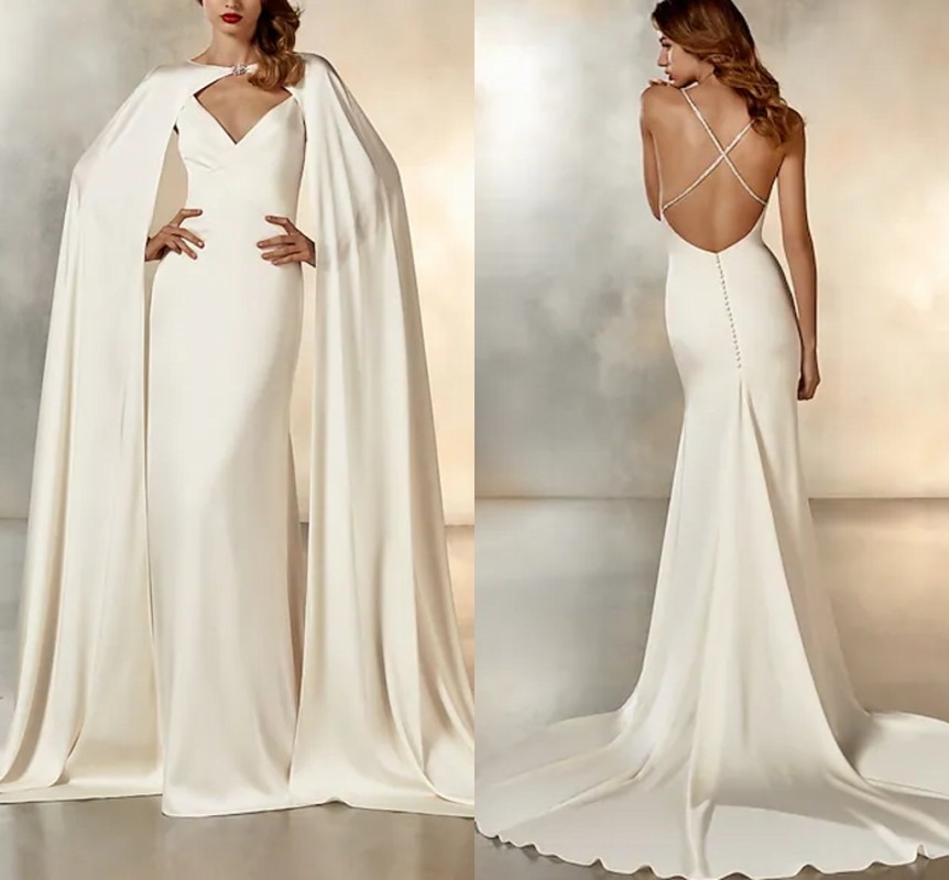 2022 Bridal Gown Mermaid Wedding Dresses With Cap Sleeves Spaghetti Strap Simple Sexy Backless Beads Vestido De Noiva Robe De Mariage