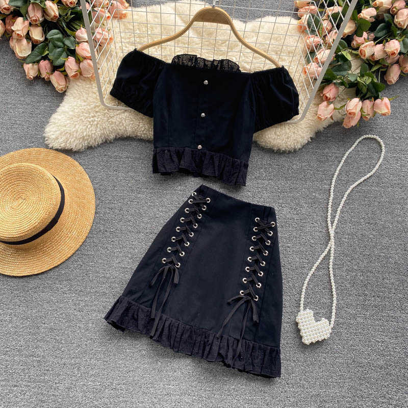 DEAT Women Skirt Slash Neck Ruffles Bandage Short Two Piece Set Fashion Temperament Spring Summer 11D337 210709