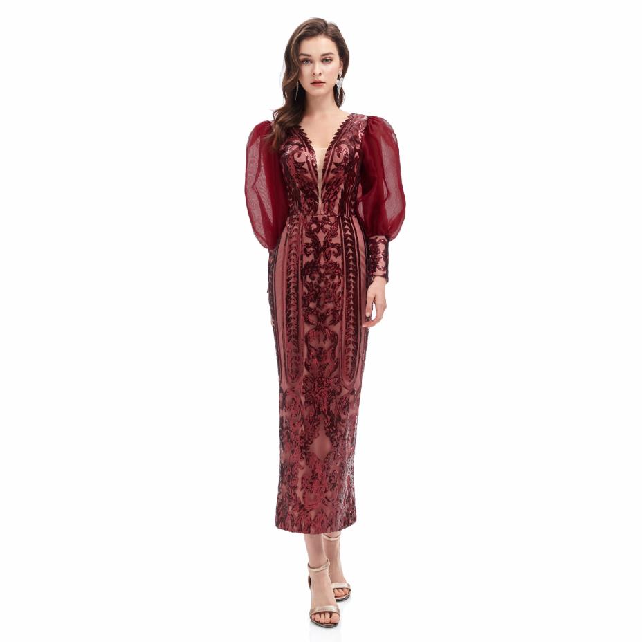 Tea-length Long Sleeve Prom Dresses Real Image Applique Sequins V-neck Burgundy Pink Evening Cocktail Dress in Stock