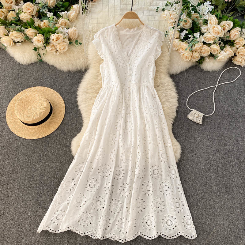 LoveFlowerLife Spring Summer Bohemia Solid A Line Dress V Neck Single Breasted Chiffon High Waist Women Dresses 210521