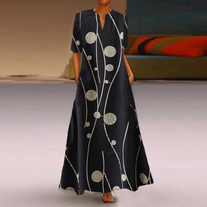 Women Dress V-neck Printing Vintage Dresses Plus Size Sexy Loose Flowers Long Fashion 210513