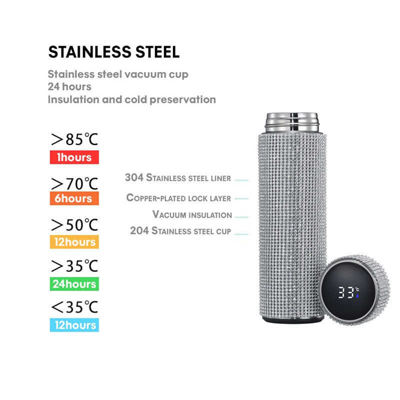 Creative Diamond Thermos Bottle Water Stainless Steel Smart Temperature Display Vacuum Flask Mug Gift for Men Women 210615