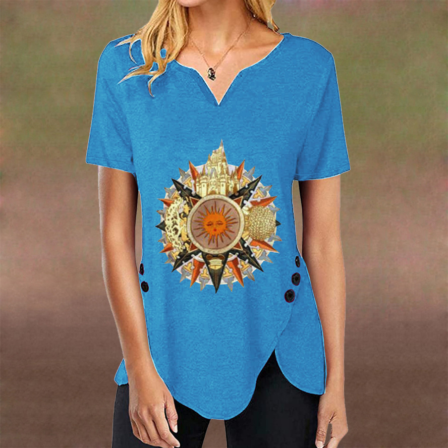 Women Casual Fashion T-shirt Sun Moon Print Loose V-neck Short Sleeve Button Irregular Tshirt Summer Tops Plus Size 5XL 210522