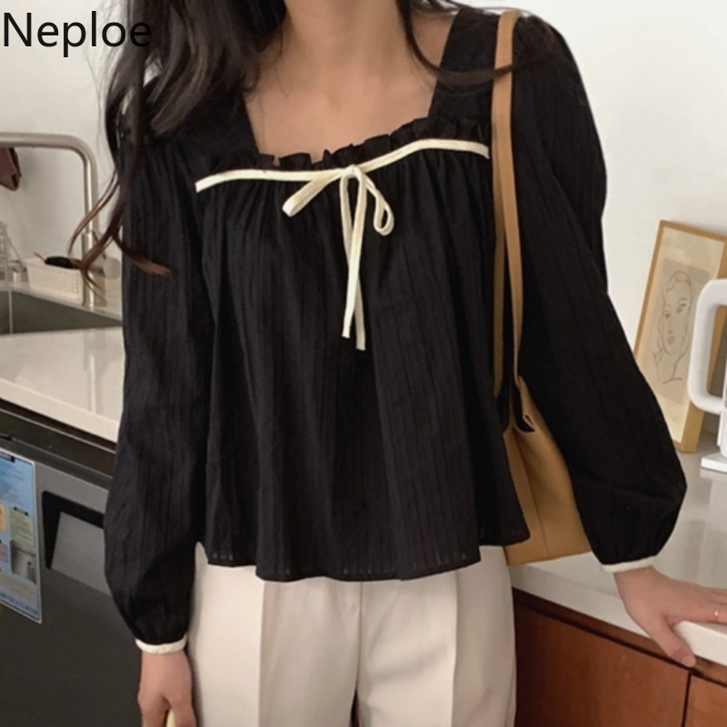 Neploe Tops Female Square Neck Blouse Women Spring Ruffles Jacquard Blouse Elegant White Blusas Sleeve Long-sleeve Shirt 4h742 210422
