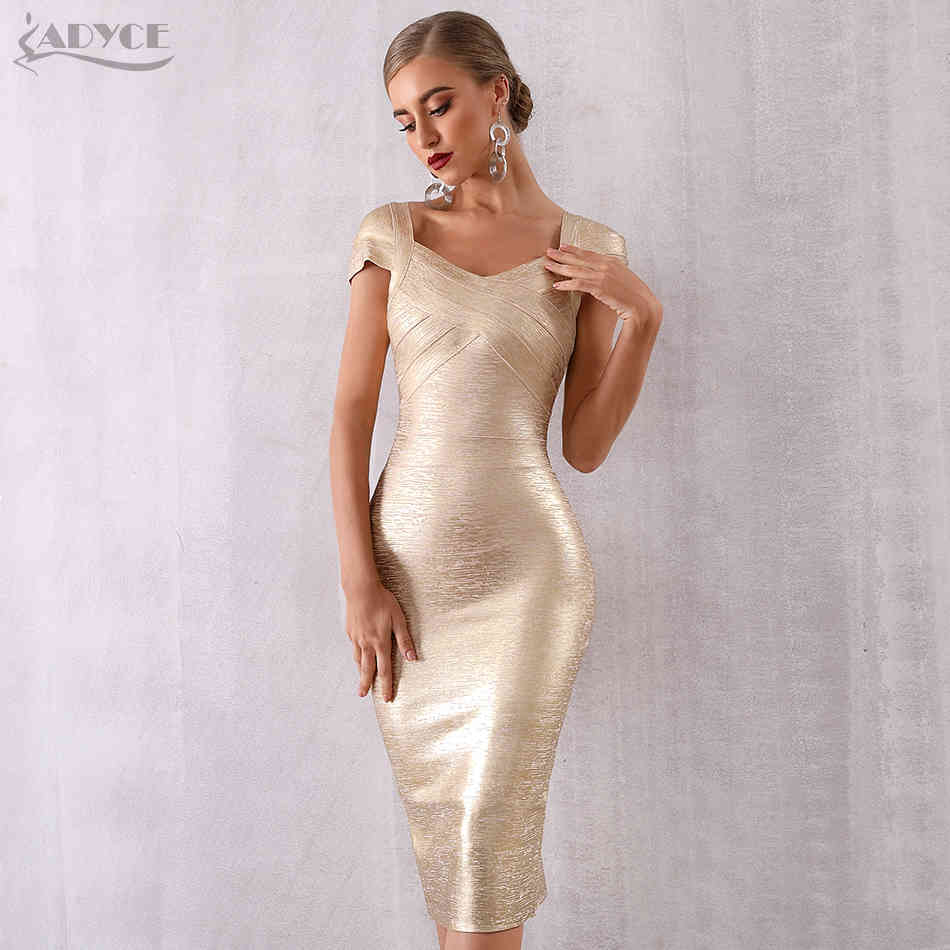 ADYCE New Summer Gold Bandage Dress Women Vestido Sexy Short Sleeve Bodycon Club Dress Midi Celebrity Evening Party Dresses 210329