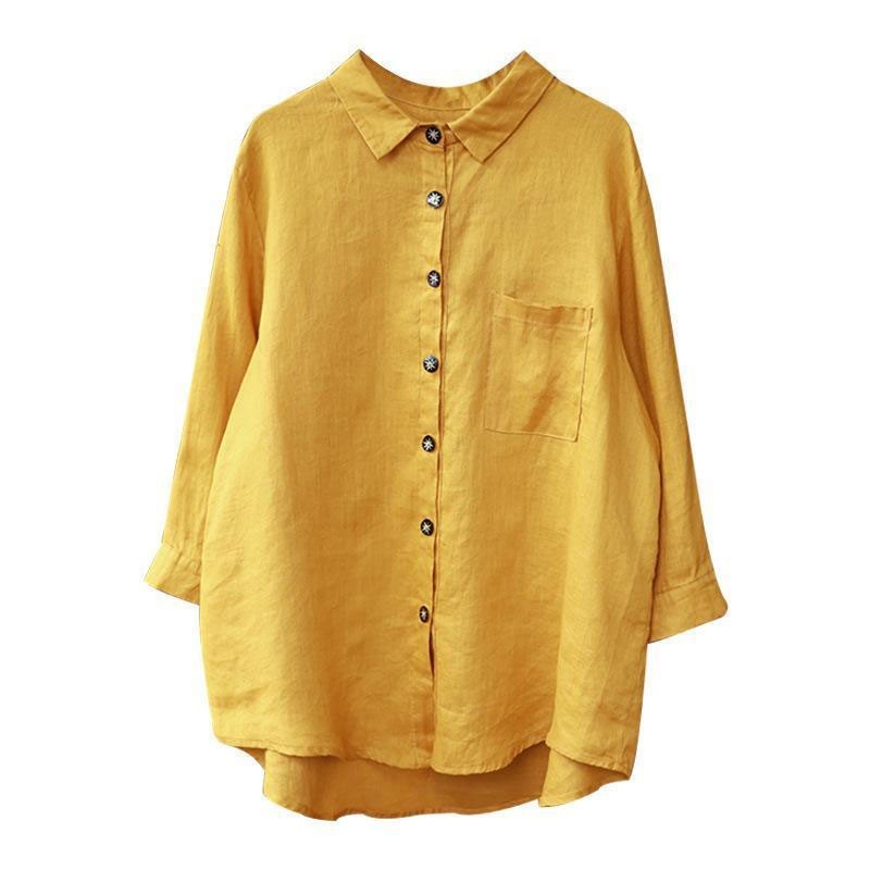 Spring Arts Style Women 3/4 Sleeve Loose Yellow Shirts All-matched Casual Solid Linen Blouse Femme Vintage Tops M250 210512